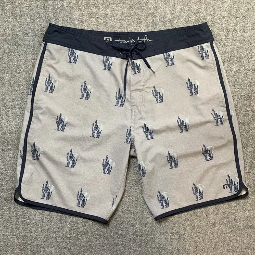 Travis Mathew Board Shorts Mens 38 Grey Navy Sand In My Beer Cactus Surfing Swim